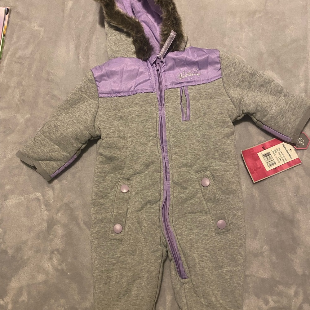 NWT Gray and Purple Hooded Snowsuit